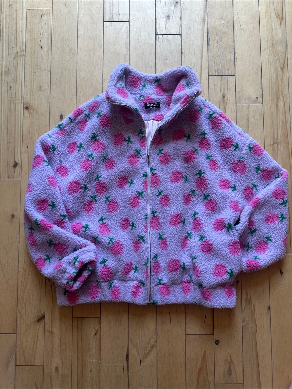 Brunette The Label Pink Strawberry Print Sherpa Jacket